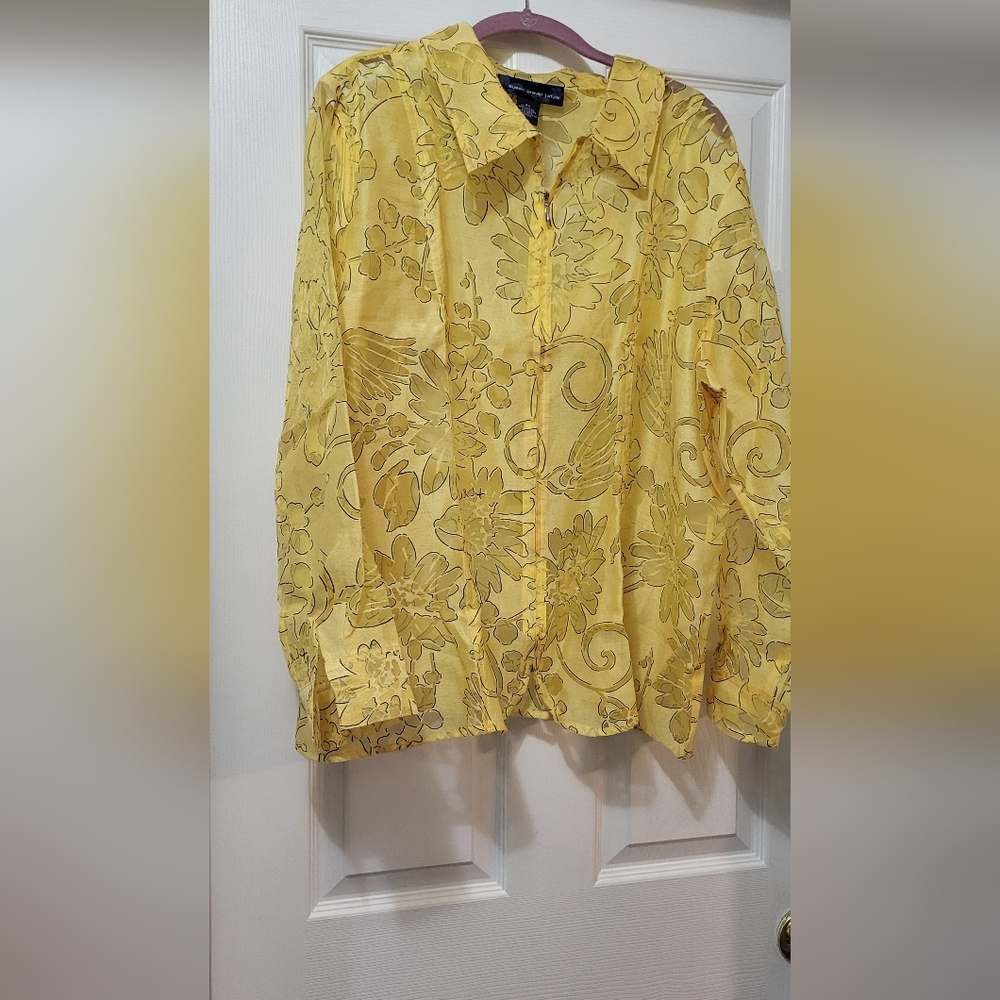 Susan Graver Sheer Yellow Zip Up Floral Print Top - Picture 4 of 6